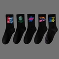 Five-pack of black crew socks featuring colorful street style graffiti and cotton fabric - 5 Pairs (Styles 21, 22, 23, 27, 30)