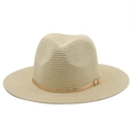 Khaki straw fedora hat with light brown leather band and gold buckle for sun protection - M (56-58cm) / Beige