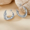 Elegant silver layered twisted hoop earrings on a natural stone base in a studio setting - 25mm (PJER288) / Silver