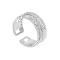 Detailed view of silver hollowed geometric pattern and beaded edges on adjustable steel ring - ZJ7980-Silver Hollow Carved