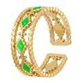 Detailed macro view of triple-layered gold woven texture with green diamond enamel accents - Triple Green Rhombus Style (X090)