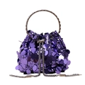 Fashionable purple sequin bucket bag with metal ring handle and chain drawstring - Purple