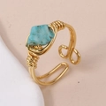 Handmade gold wire-wrapped ring with natural turquoise stone and adjustable open band - Turquoise