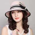 Pink woven sun straw hat with a black ribbon bow and wide brim for summer travel - One Size(Adjustable) / Pink (M Letter Striped Bow)