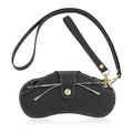 Portable black lychee grain leather glasses pouch with adjustable lanyard and gold snap - Wristlet + Lanyard Style / Black