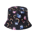 Kinder Sonnenhut Schwarz mit süßen Einhörnern, Regenbogen und Sternen, Fischerhut Stil - Einheitsgröße (58cm) / Schwarz mit Cartoon Einhorn Regenbogen Stern (1)