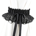 Close-up of black lace waist belt with large ribbon bowknot on white dress - 04 Short Ribbon/Black / 60-80cm