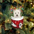 Süßer weißer Hund mit Rentiergeweih in einem roten Weihnachtsstrumpf-Anhänger - West Highland White Terrier