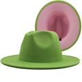 Cappello fedora in lana bicolore con esterno verde erba e fodera interna rosa tenue - M (56-58cm) / Verde Frutta/Rosa