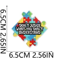 Close-up of puzzle embroidery patch with motivational slogan and 6.5cm size markers - No.31-Puzzle Block (Don't Judge)