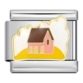 Detail of Italian charm link featuring a colorful enamel house design on stainless steel - Warm Pink House Style (ICJ906-1)