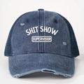 Detailed macro view of distressed denim fabric and breathable mesh on trucker hat - One Size / Navy Blue