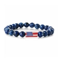 Detail of blue lapis lazuli beads with an American flag charm on an elastic bracelet - Lapis Lazuli Long