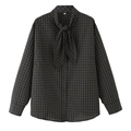Relaxed black and brown plaid blouse with tie-neck bow and classic checkered pattern - XS / Dark Gray