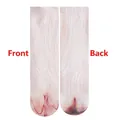 Detailed front and back view of realistic 3D cat paw printed socks with pink toe pads - Pig Trotters