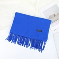 Elegant blue cashmere scarf with fringe details and woven brand label on white lace - 70×200cm / Royal Blue
