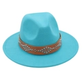 Detail of turquoise fedora wool hat with brown studded leather band and rivets - M (56-58cm) / Lake Blue