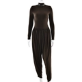 Detailed front view of a dark brown long-sleeve jumpsuit with a high neck on a mannequin - S / Coffee