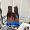 Cute retro argyle knit tote bag with blue flower in coffee and orange colors - Coffee Blue Argyle Flower