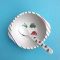 Detailansicht von Kinder-Schüssel-Set aus Bambusfaser mit niedlichem Auto-Cartoon-Design - Auto