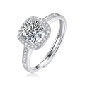 Adjustable S925 silver ring featuring a round center stone and square halo setting - R10875 Moissanite Style / 1 Carat / 6.5mm