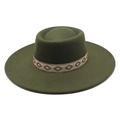 Detailed view of dark olive green wool felt fedora with ethnic embroidery hat band - M (56-58cm) / Army Green