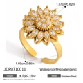 Detailed view of spinner sunflower ring with 18K gold plating and cubic zirconia size guide - Gold