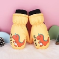 Warm yellow kids mittens with orange cartoon dinosaur print and black knit cuffs - One Size / Yellow Dinosaur / 5-8 Years