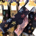 Navy blue crew socks featuring colorful 3D floral embroidery and argyle knit pattern - Dark Blue