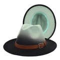 Detail of wool fedora with mint green to black gradient and brown leather band buckle - M (56-58cm) / Mint Green + Black