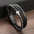 Detail of multi-layer leather bracelet with cross charm and natural stone beads - Black+Snowflake Stone