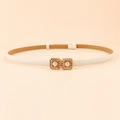White thin PU leather belt featuring a golden square buckle with two pearl accents - 19288 White/Pearl Square Buckle