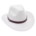 Détail d'un chapeau de cowboy en feutre blanc avec ruban en cuir brun et boucle argent - Taille unique / Blanc