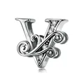 925 sterling silver letter V charm with clear zircon stones and hollow spiral patterns - Letter V