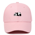 Close-up of pink cotton baseball cap featuring detailed giant panda embroidery and stitching - Pink