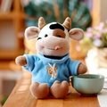 Adorable peluche de vaca con una suave sudadera con capucha azul y dibujo de oso - Estilo Sudadera Azul