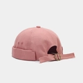 Detail of adjustable bronze buckle and strap on back of pink cotton docker cap - Adjustable / Plain Dusty Pink