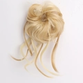 Messy blonde hair bun extension with wavy tendrils and synthetic elastic band - Ash Blonde Mix