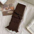 Dark brown ribbed knit leg warmers with wavy edges on white fabric background - One Size / Dark Coffee
