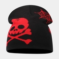 Detail of knitted beanie featuring red skull, crossbones and spider web jacquard patterns - Style E Black+Red (Red Skull)