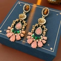Pink and Green Gem Flower Water Drop Stud Earrings (12#)