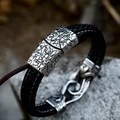 Men's black braided leather bracelet with silver Viking Vegvisir compass metal clasp - 18cm / Single Rope Viking Cast Clasp
