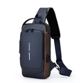 Donkerblauwe waterdichte crossbodytas met bruine rand, USB-poort en schouderband - Blauw Goud