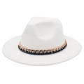 Close-up of white wool felt fedora featuring vintage gold chain and black leather band - M (56-58cm) / White (Black Chain Decor)