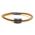 Detail of yellow braided leather bracelet with silver zircon charm and magnetic buckle - Yellow