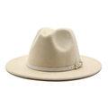 Classic beige wide-brim wool fedora hat with elegant white leather decorative buckle strap - Beige