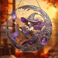 Bohemian acrylic magic witch ornament in purple with intricate silver scrollwork border - Purple Witch Pattern (40) / 15x15x0.2cm