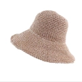 Handgefertigter Damen-Strohhut in Khaki mit breiter Krempe für den Strandurlaub - M (56-58cm) / Hellrosa