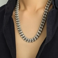 Zilveren dikke Cubaanse schakelketting met zirkonia pavé voor dames en heren - Zilveren Ketting / 59cm