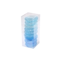 Detail of 9-pack blue gradient spiral hair ties neatly stacked in a clear plastic box - Blue